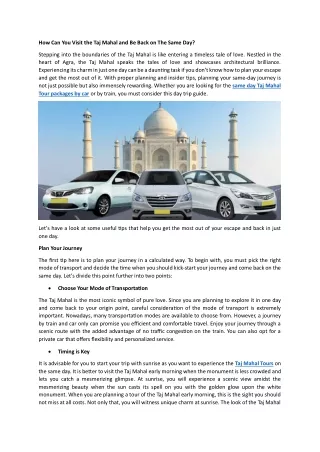 How Can You Visit The Taj Mahal And Be Back on The Same Day- Tajmahaltours.com