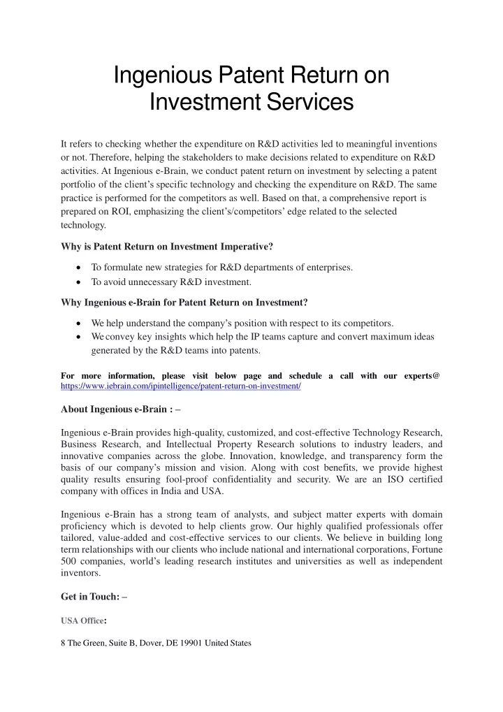 ingenious patent return on investment services