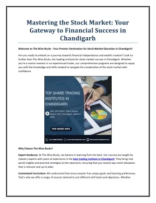 Mastering the Stock Market: Your Gateway to Financial Success in Chandigarh