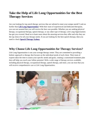 Take the Help of Life Long Opportunities for the Best Therapy Services