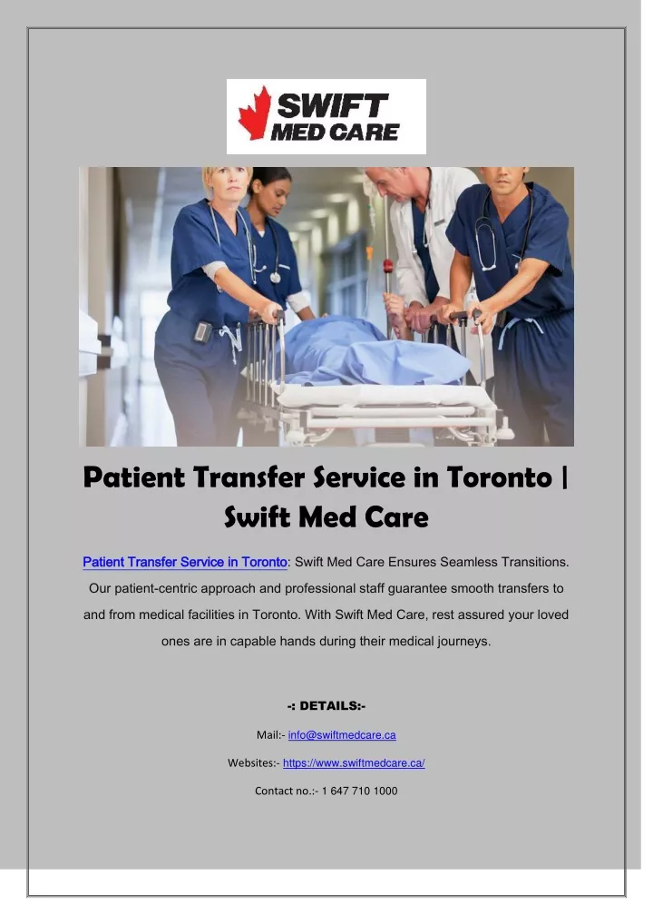 patient transfer service in toronto swift med care