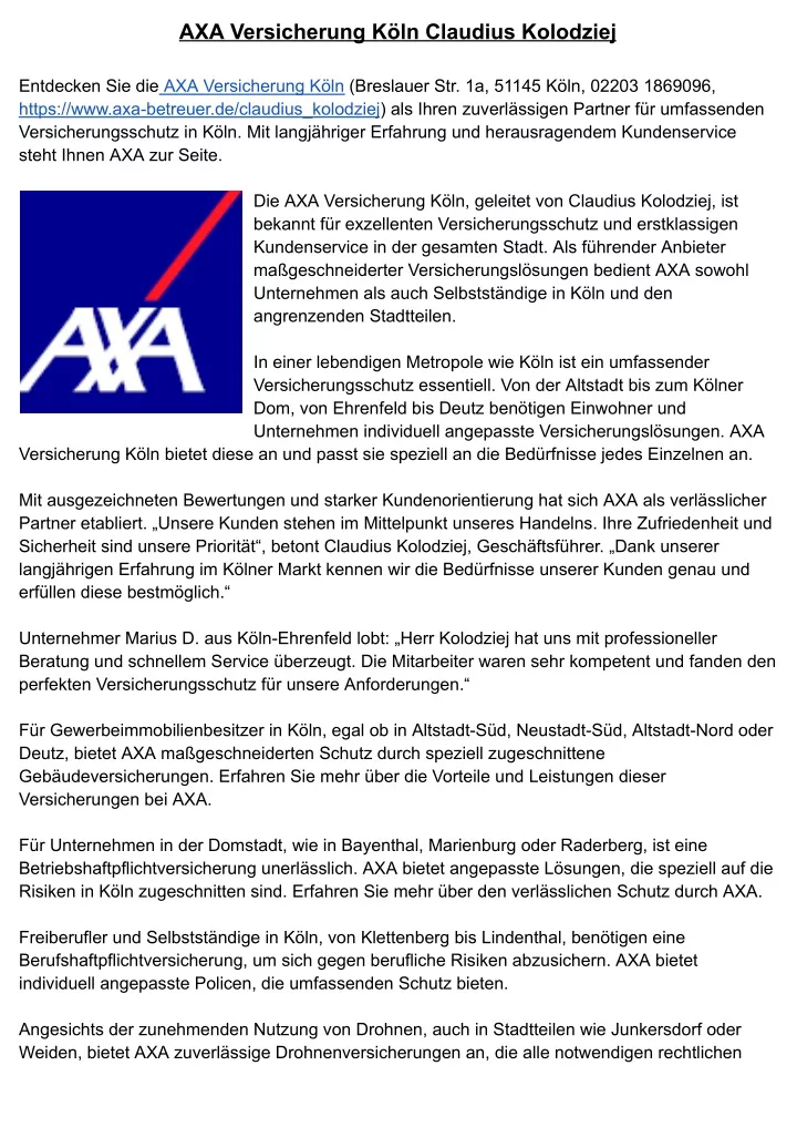 axa versicherung k ln claudius kolodziej