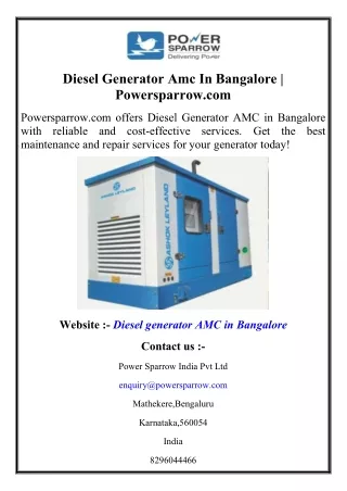 Diesel Generator Amc In Bangalore  Powersparrow.com