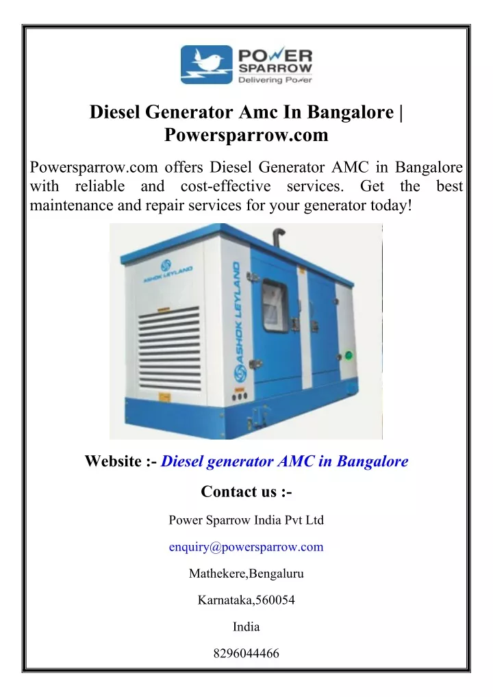 diesel generator amc in bangalore powersparrow com