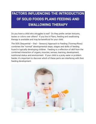 Factors Influencing the Introduction of Solid Foods Plano Feeding and Swallowing Therapy