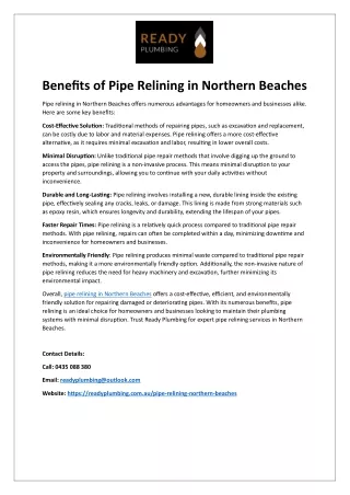 Benefits of Pipe Relining in Northern Beaches