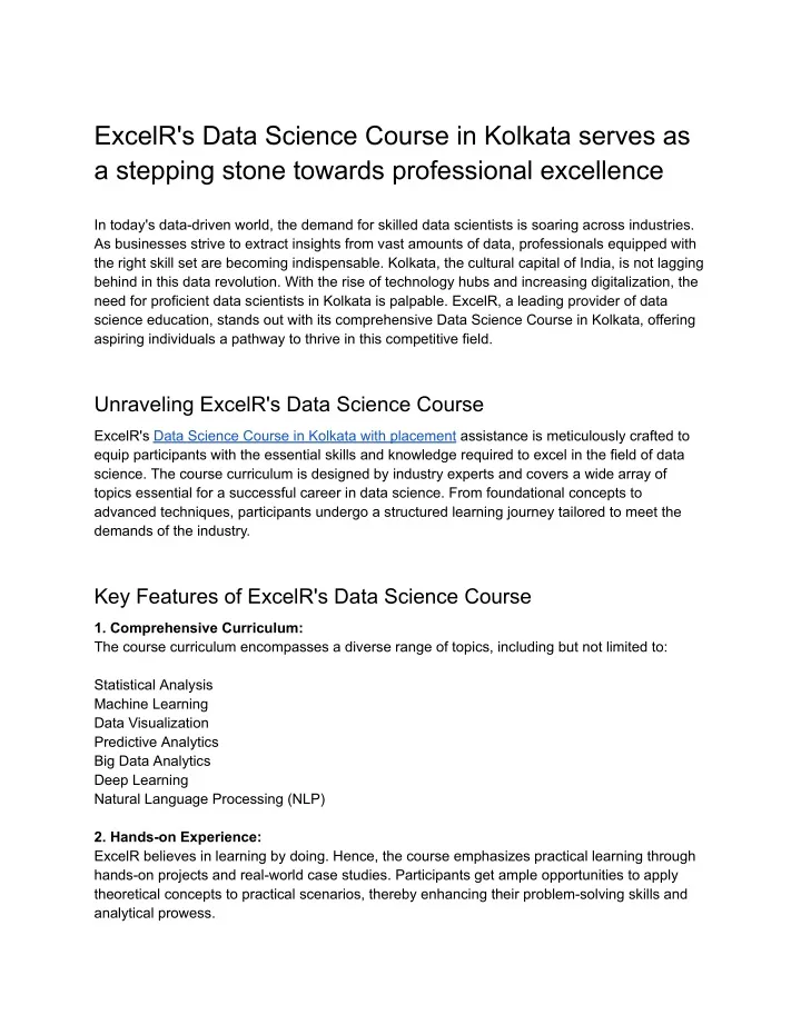 excelr s data science course in kolkata serves