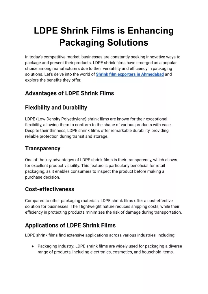 ldpe shrink films is enhancing packaging solutions