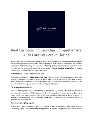 Real Car Detailing Launches Comprehensive Auto Care Services in Florida