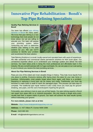 Innovative Pipe Rehabilitation - Bondi's Top Pipe Relining Specialists