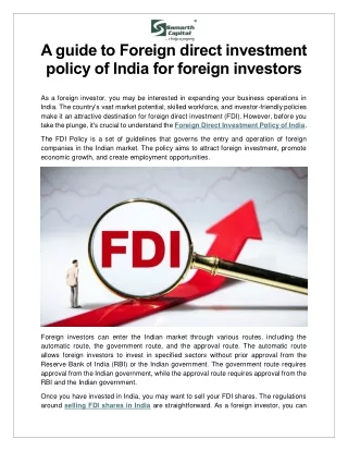A guide to Foreign direct investment policy of India for foreign investors