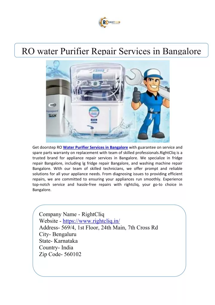 ro water purifier repair services in bangalore