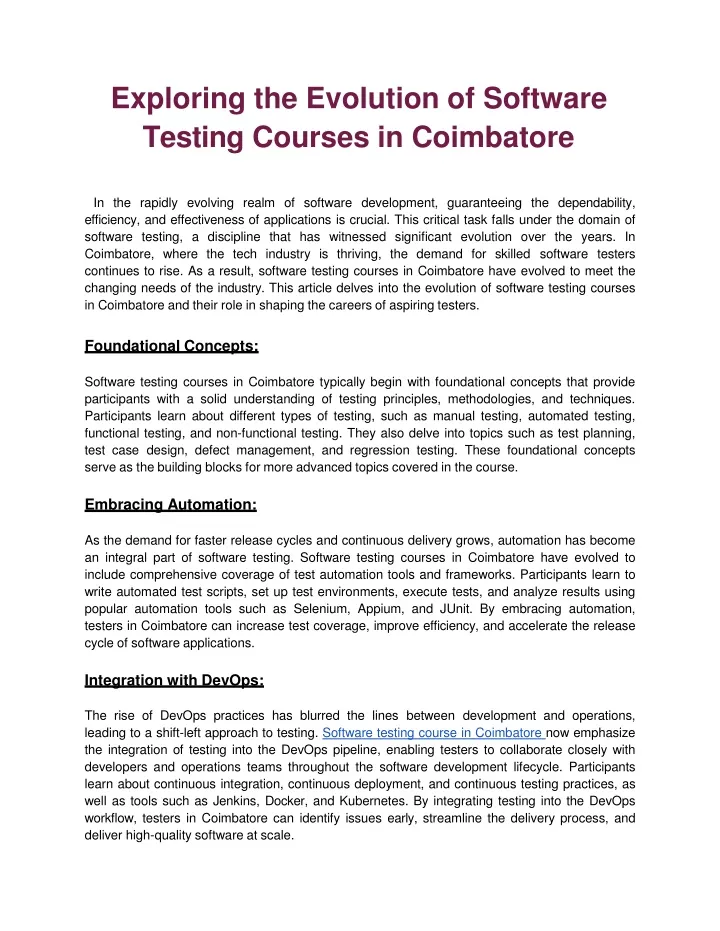 exploring the evolution of software testing courses in coimbatore