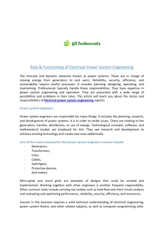 Role & Functioning of Electrical Power System Engineering