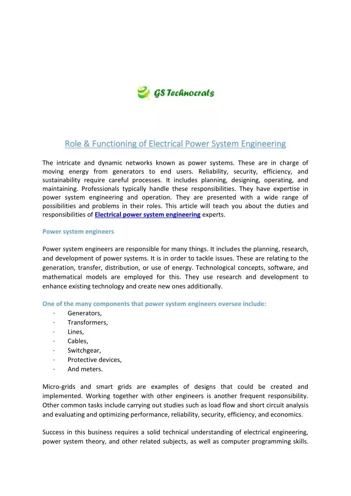 role functioning of electrical power system