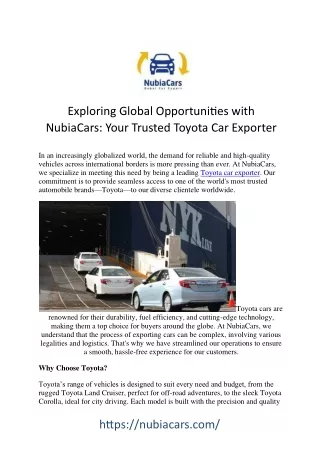 Your Trusted Toyota Car Exporter: Quality Vehicles Delivered Worldwide