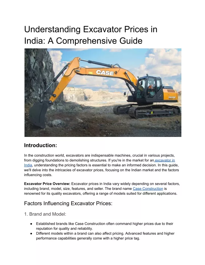 understanding excavator prices in india