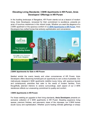 Elevating Living Standards_ 3 BHK Apartments in KR Puram, Arsis Developers' Offerings in KR Puram