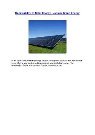 Renewability Of Solar Energy | Juniper Green Energy