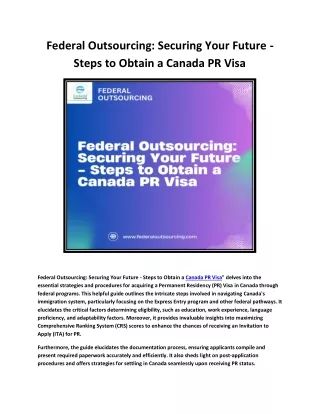 Federal Outsourcing: Securing Your Future - Steps to Obtain a Canada PR Visa