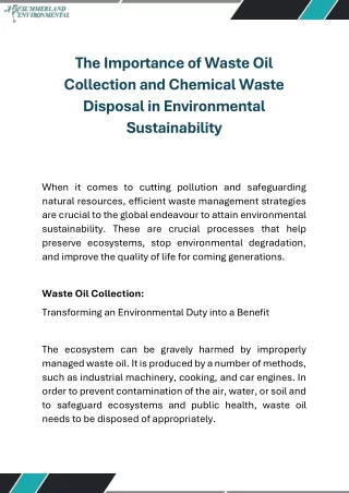 The Importance of Waste Oil Collection and Chemical Waste Disposal in Environmental Sustainability