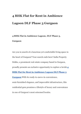 4 BHK Flat for Rent in Ambience Lagoon DLF Phase 3 Gurgaon