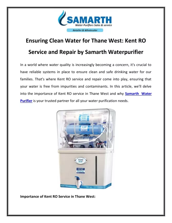 ensuring clean water for thane west kent ro