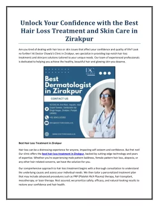 Unlock Your Confidence with the Best Hair Loss Treatment and Skin Care in Zirakpur