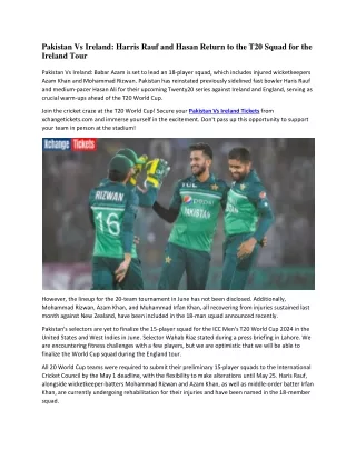 Pakistan Vs Ireland Harris Rauf and Hasan Return to the T20 Squad for the Ireland Tour
