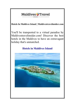 Hotels In Maldives Island | Maldivestravelinsider.com