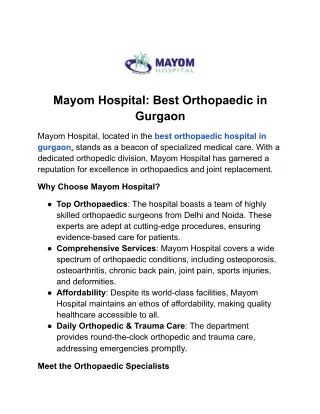 Mayom Hospital Best Orthopaedic in Gurgaon