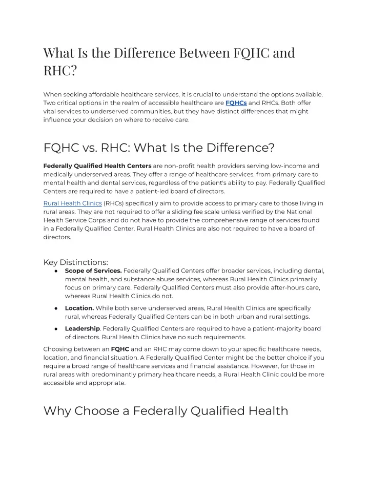 what is the di erence between fqhc and rhc