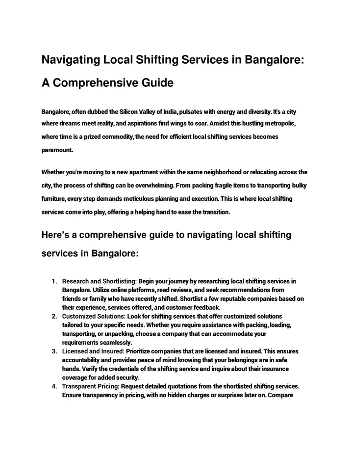 navigating local shifting services in bangalore