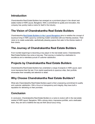 Chandrakantha Real Estate Builders in HSR Layout Bangalore
