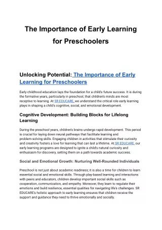 The Importance of Early Learning for Preschoolers