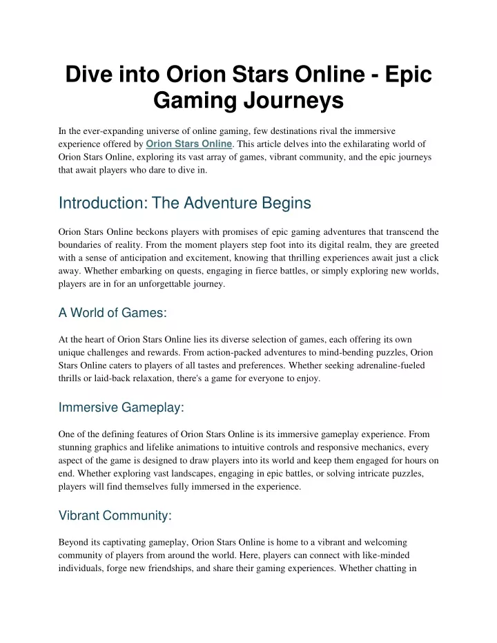 dive into orion stars online epic gaming journeys