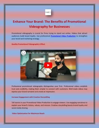 Enhance Your Brand : The Benefits of Promotional Videography for Businesses