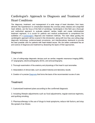 Cardiologist's Approach to Diagnosis and Treatment of Heart Conditions