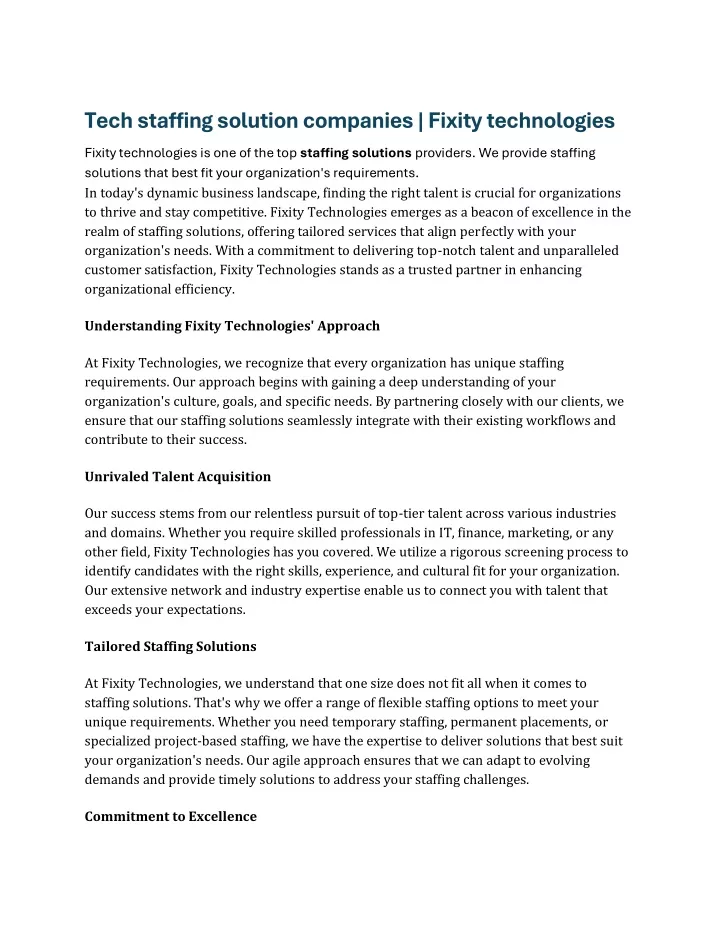 tech staffing solution companies fixity