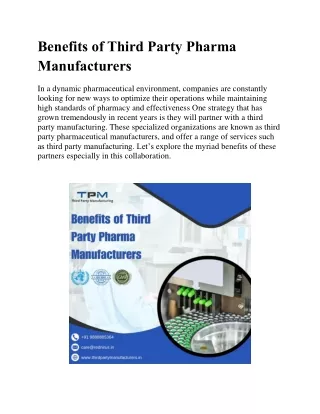 Benefits of Third Party Pharma Manufacturers
