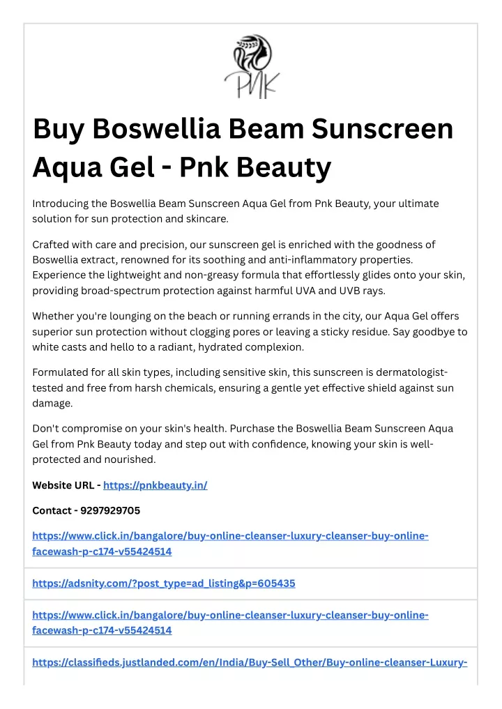 buy boswellia beam sunscreen aqua gel pnk beauty