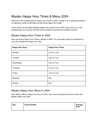Miyako Happy Hour Times & Menu 2024