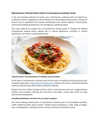 Manufacturer Oriental Pasta's Role in Contemporary Cooking Trends