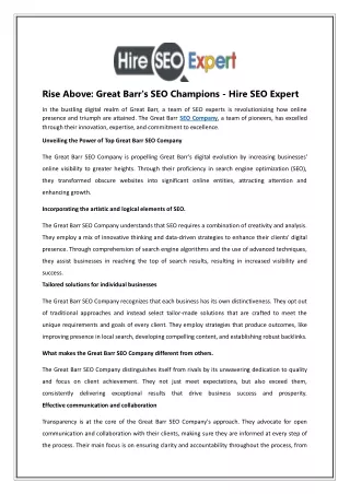 Rise Above: Great Barr's SEO Champions