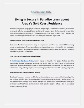 Living in Luxury in Paradise Learn about Aruba's Gold Coast Residence