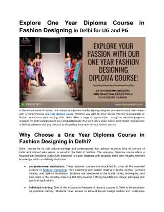 One Year Diploma Course in Fashion Designing in Delhi for UG and PG