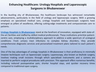 Enhancing Healthcare Urology Hospitals and Laparoscopic Surgeons in Bhubaneswar