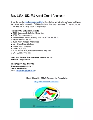 Buy old Gmail Accounts - 100% USA ,UK, CA, PVA Verified Accounts