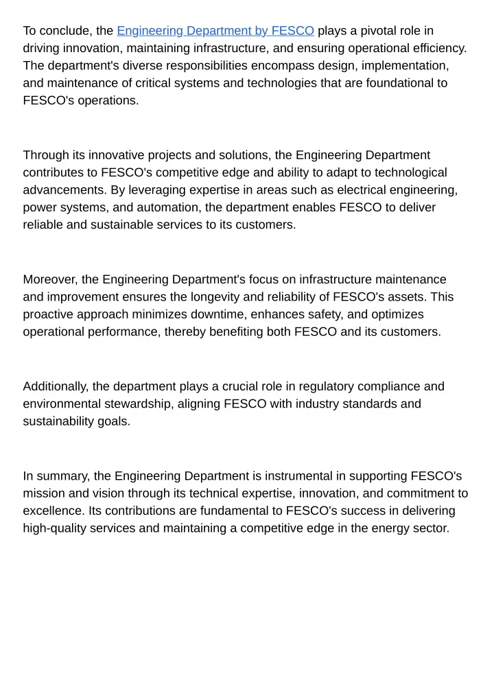 to conclude the engineering department by fesco