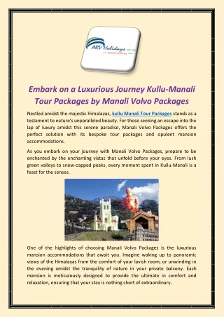 Embark on a Luxurious Journey Kullu-Manali Tour Packages by Manali Volvo Packages